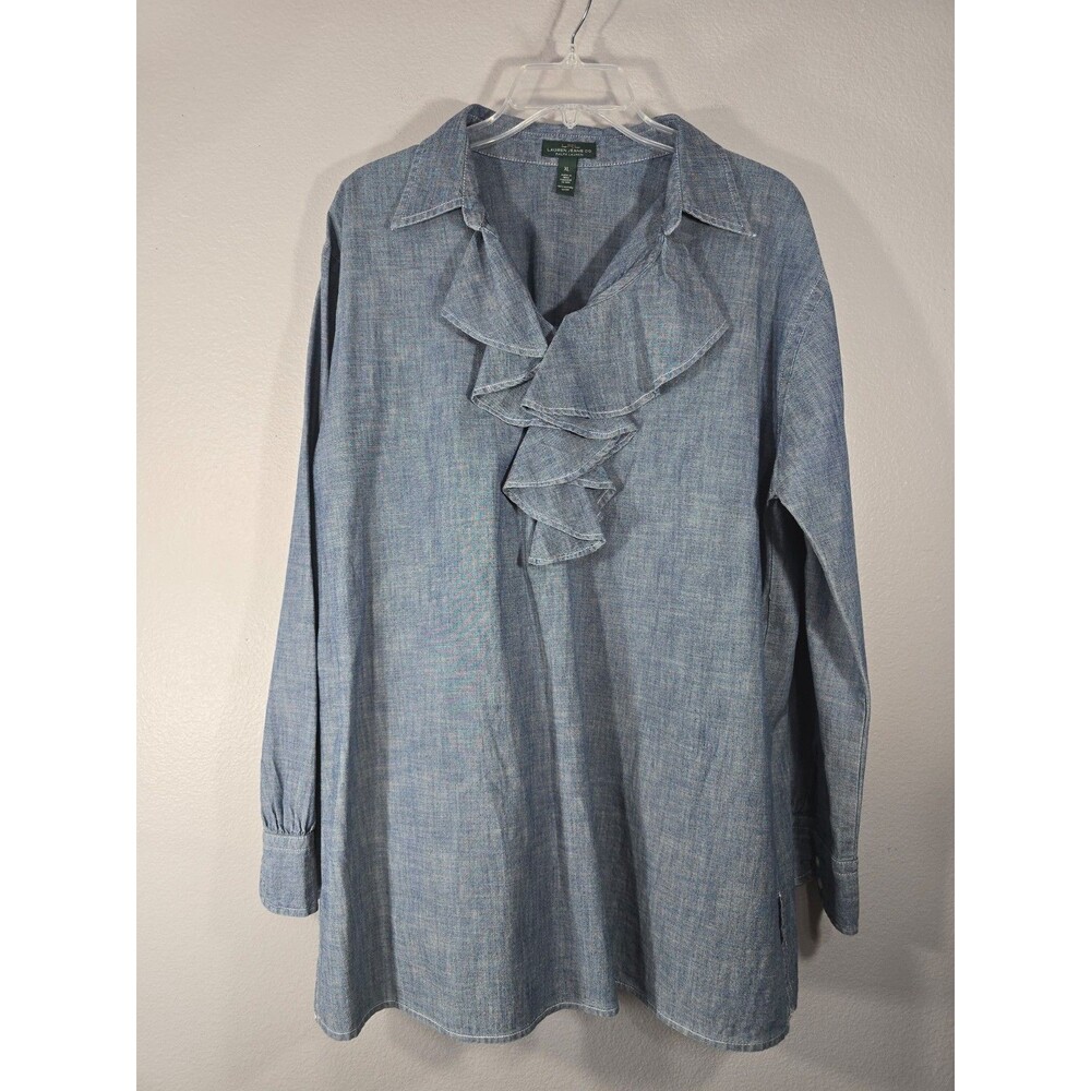 Lauren Jeans Co Ralph Lauren Size XL Chambray Ruffle Popover Blouse Lagenlook BL